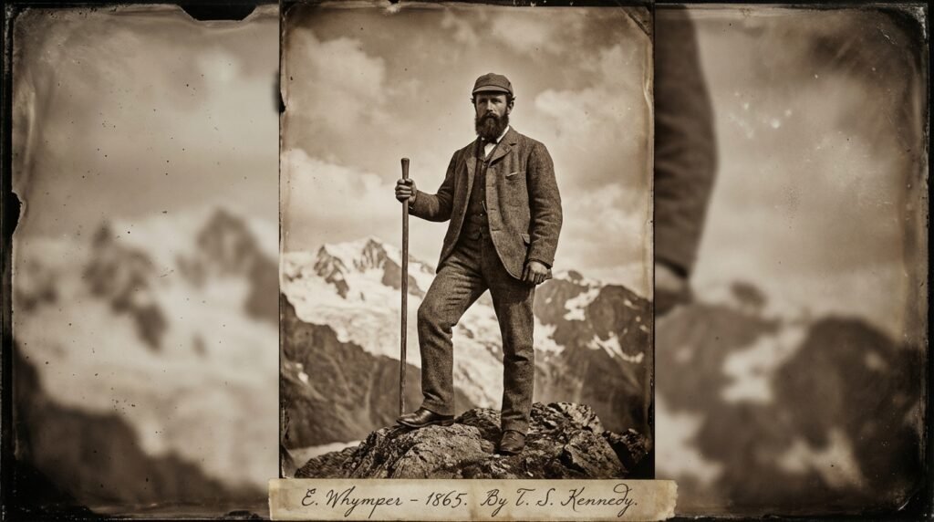 Portrait d'époque colorisé d'Edward Whymper, regard intense, habillé en tweed avec un piolet en bois à la main, devant un fond alpin.
