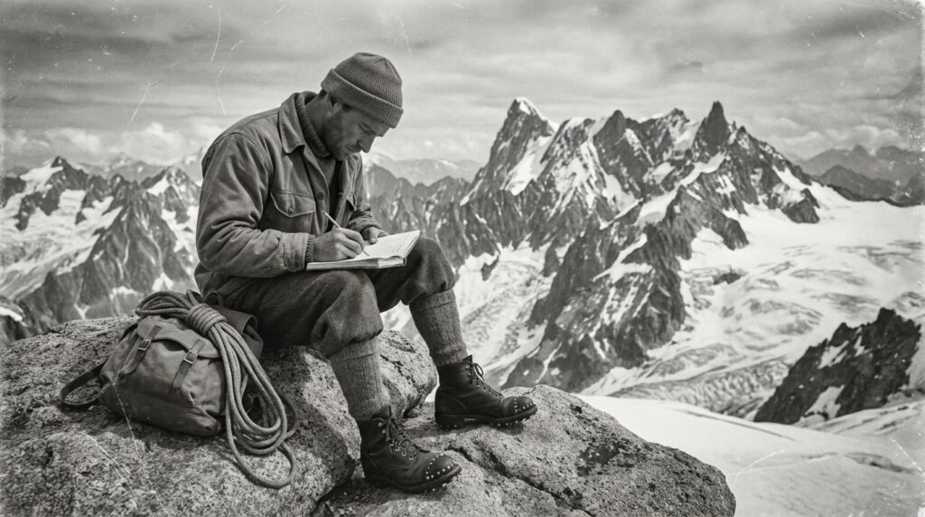 Vue d'artiste style vintage montrant un alpiniste écrivant dans un carnet en cuir, assis sur un rocher face au massif du Mont-Blanc.