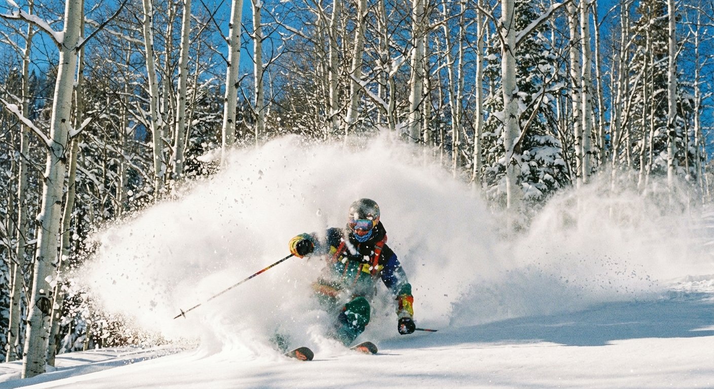 Nuage de poudreuse sèche (Champagne Powder) soulevé par un skieur à Aspen, Colorado, avec une forêt de trembles (Aspen trees) blancs en arrière-plan.