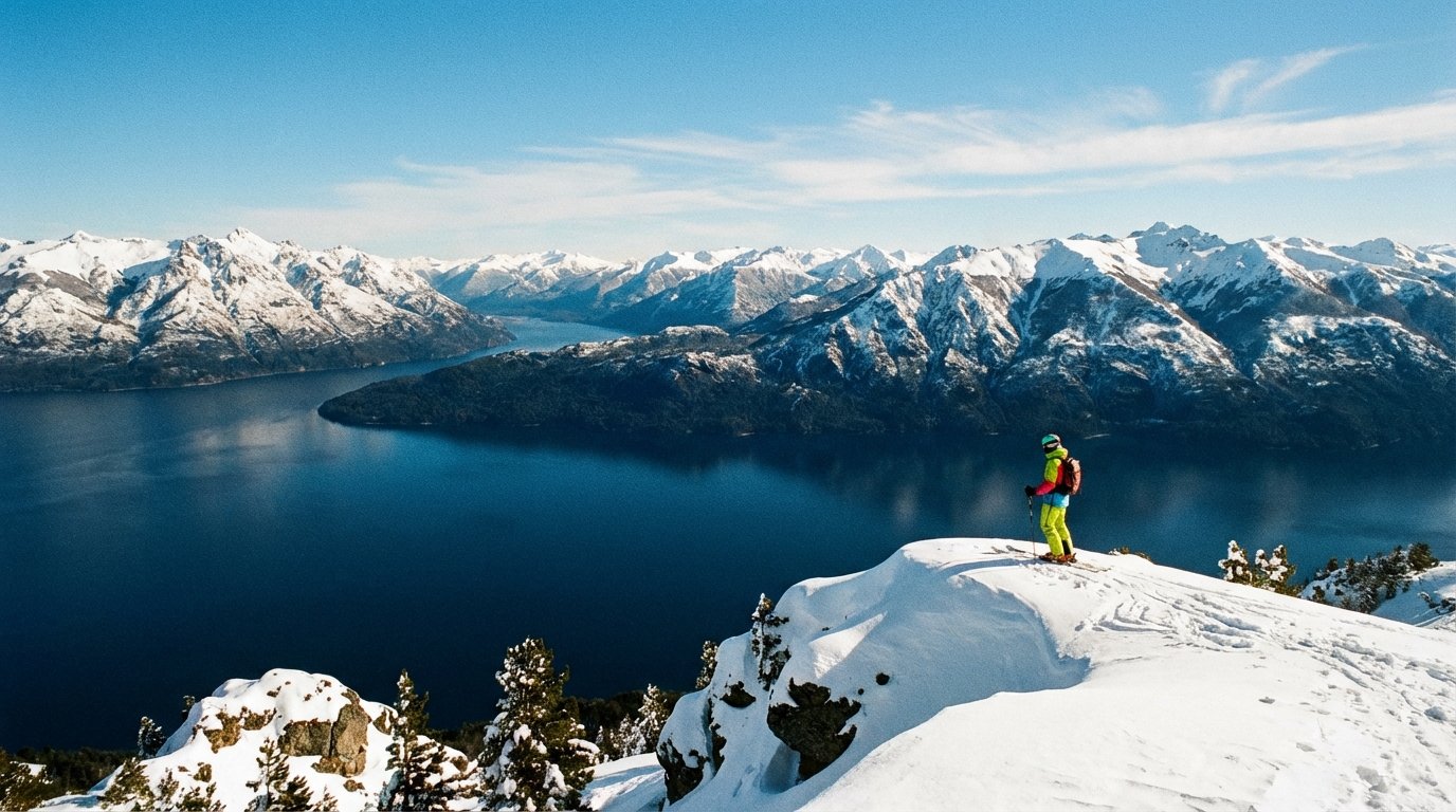 Vue panoramique depuis les pistes de ski de Cerro Catedral à Bariloche, montrant un skieur face au gigantesque lac Nahuel Huapi et aux montagnes des Andes.