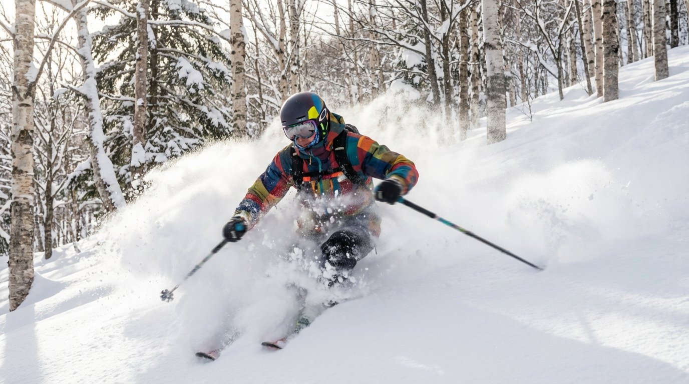 Skieur enseveli sous une vague de poudreuse sèche (Japow) dans une forêt de bouleaux à Hokkaido, Japon. Action et neige volante.