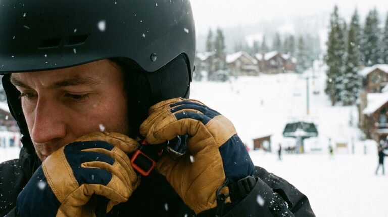 Skieur ajustant la sangle de son casque avant une descente, focus sur la boucle de sécurité.