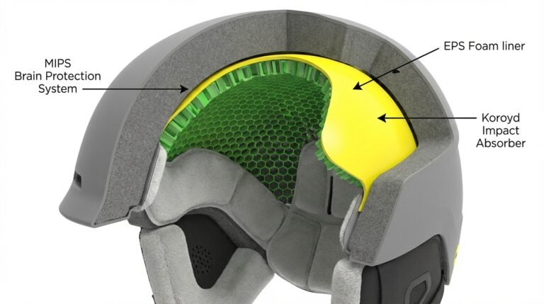 Vue en coupe technique d'un casque de ski montrant la couche jaune MIPS et la structure alvéolaire Koroyd pour l'absorption des chocs.