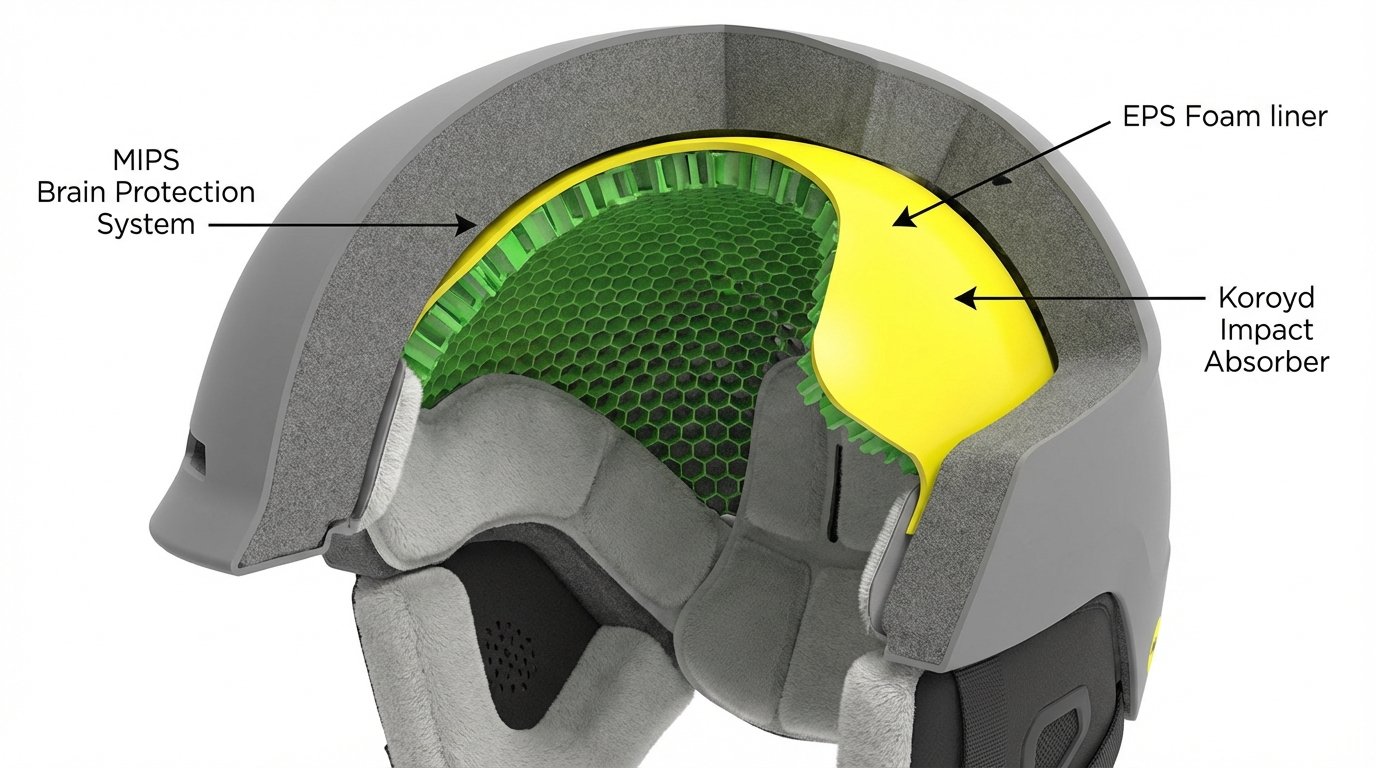 Vue en coupe technique d'un casque de ski montrant la couche jaune MIPS et la structure alvéolaire Koroyd pour l'absorption des chocs.