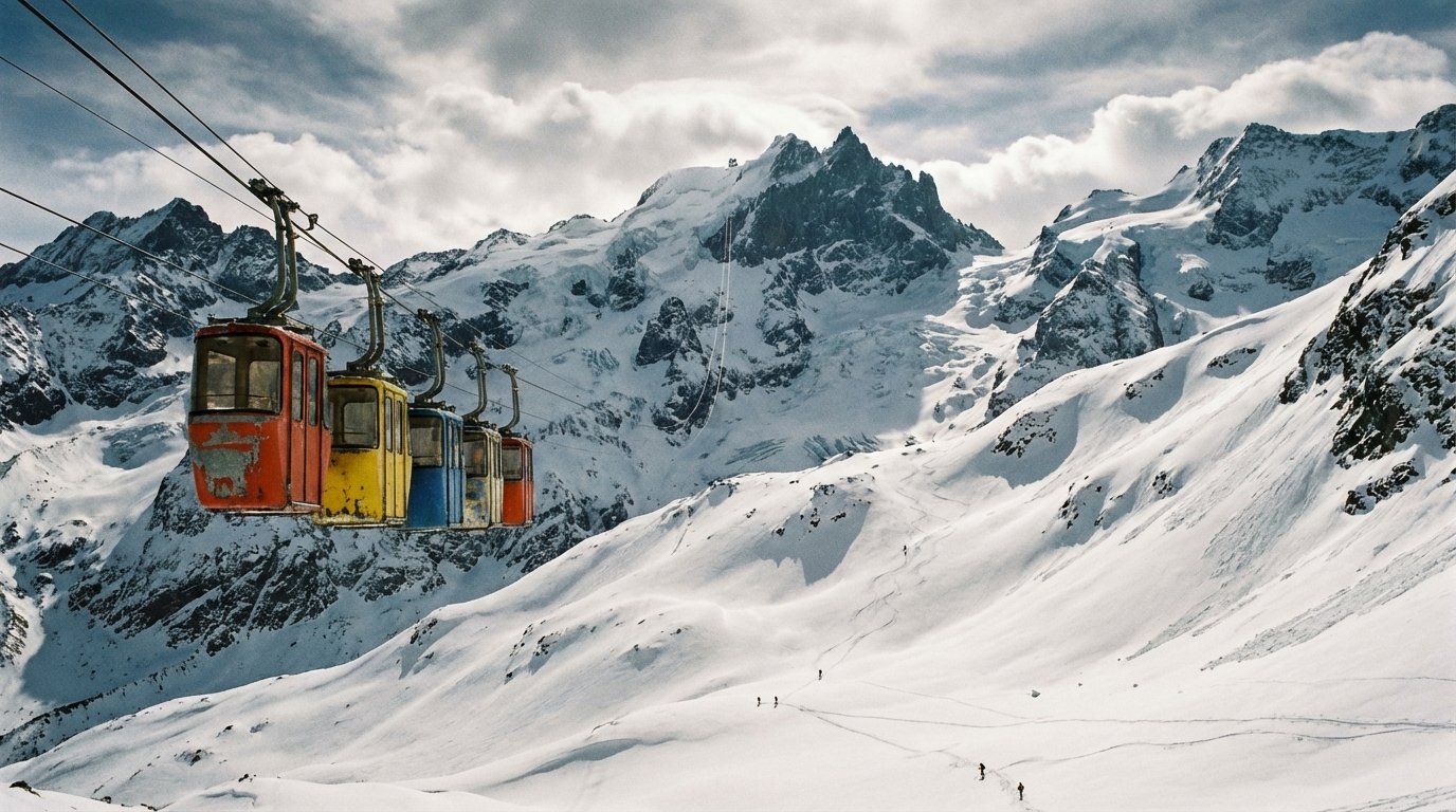 Les cabines colorées du téléphérique de La Grave montant vers le glacier de la Meije, avec des skieurs freeride minuscules dans l'immensité blanche des vallons.