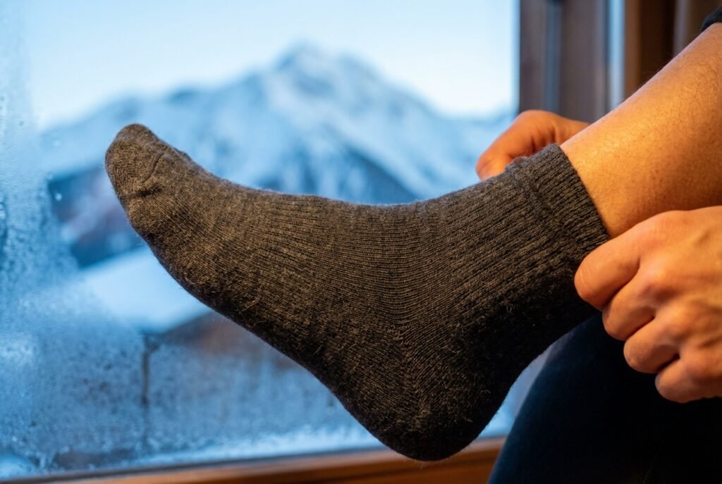Skieur enfilant une chaussette de ski fine en laine mérinos pour éviter le froid et les ampoules.