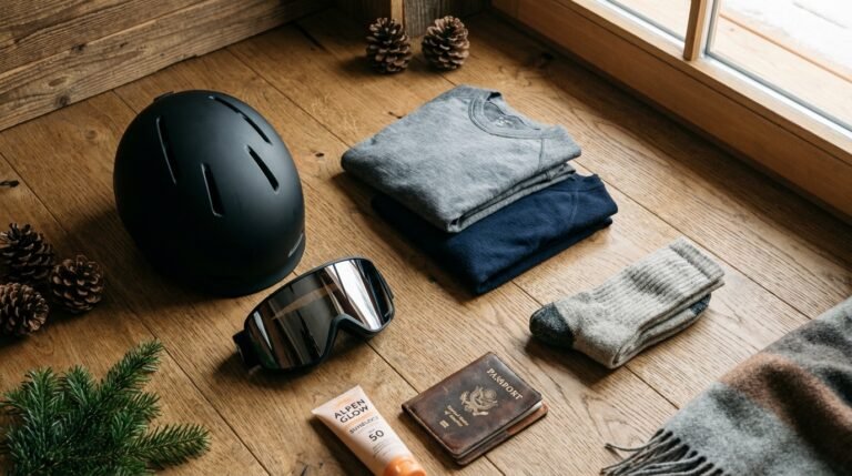 Vue d'ensemble des indispensables pour une valise de ski : casque, vêtements techniques et accessoires posés sur le sol d'un chalet.