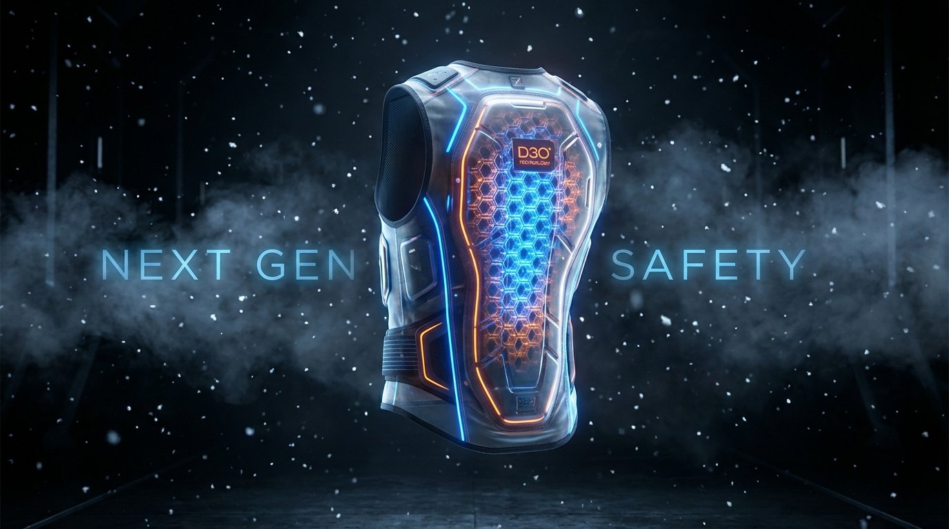 Gilet de protection dorsale pour le ski avec technologie de mousse intelligente absorbant les chocs, flottant sur fond technologique.