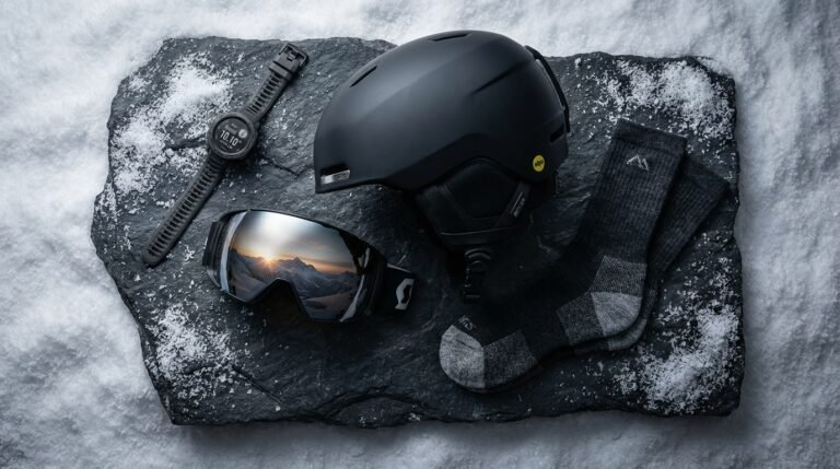 Sélection des meilleurs accessoires de ski 2026 : casque MIPS, masque photochromique et montre GPS posés sur la neige.