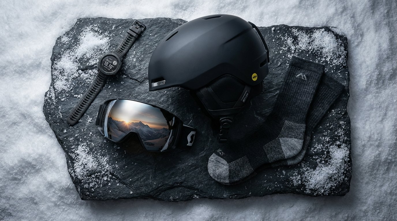 Sélection des meilleurs accessoires de ski 2026 : casque MIPS, masque photochromique et montre GPS posés sur la neige.