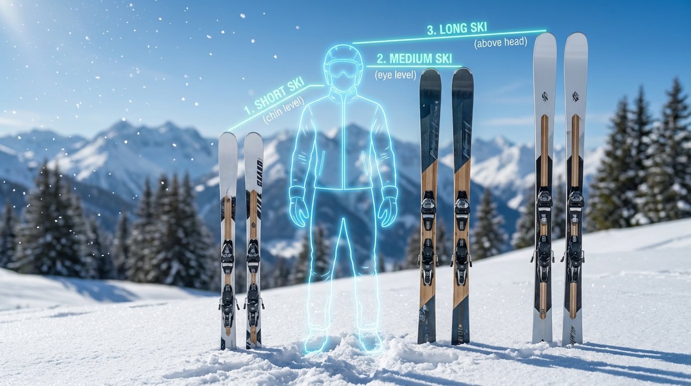 Infographie montrant trois longueurs de skis différentes par rapport à la taille d'un skieur : au menton pour débutant, au nez pour intermédiaire et à la tête pour expert.