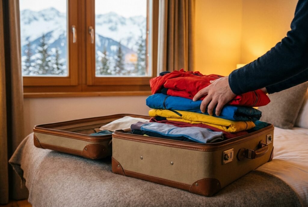 Rangement méthodique des vêtements de ski (veste, polaire, sous-vêtements) dans une valise de voyage.