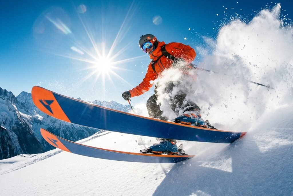 Skieur hors-piste en action dans la neige profonde utilisant des skis larges et longs avec un double rocker pour une flottaison optimale.