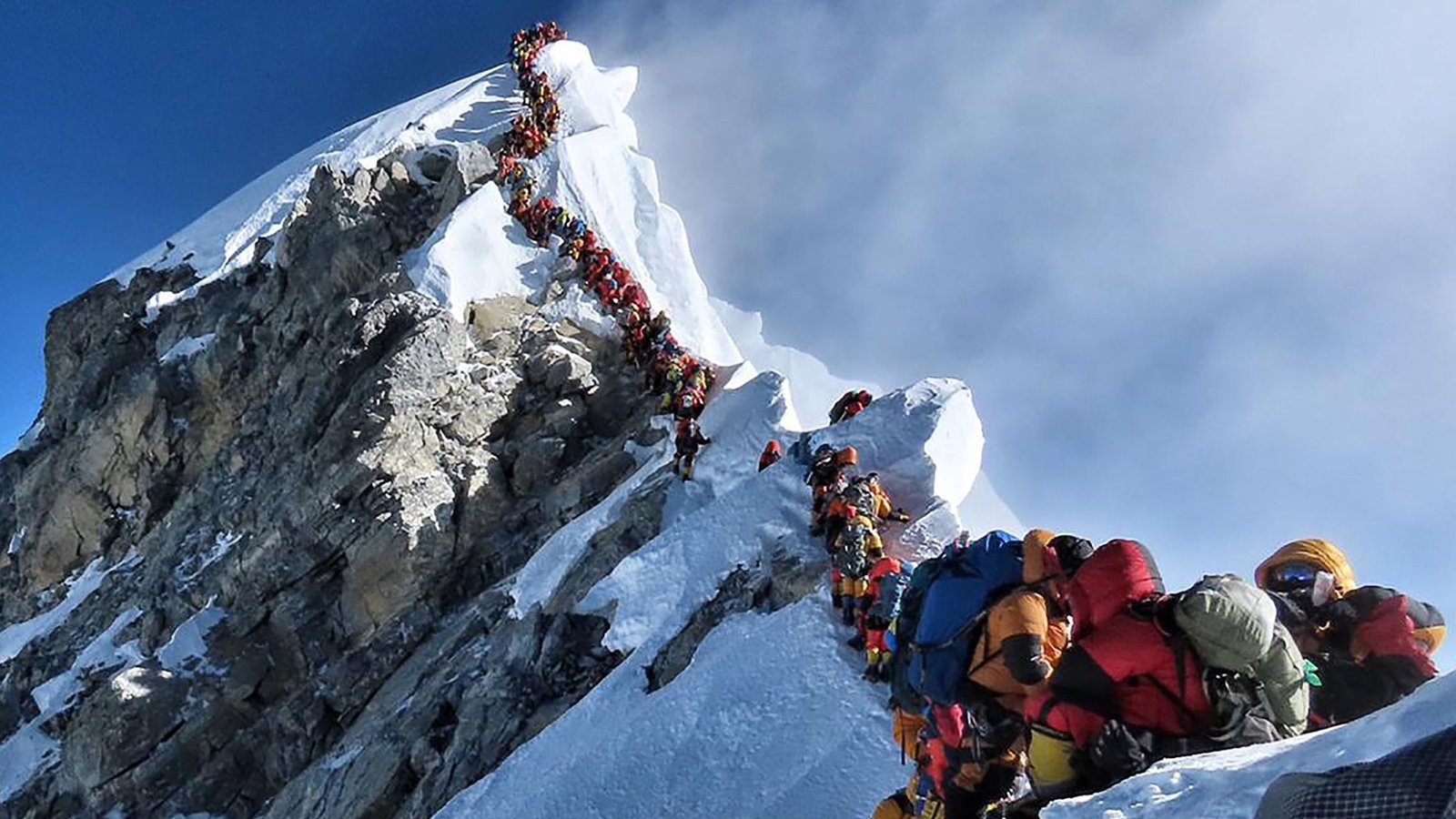 File d'alpinistes sur l'arête sud-est de l'Everest dans la zone de la mort à 8 500 mètres, illustrant la surfréquentation qui a motivé les nouvelles réglementations népalaises de 2025.
