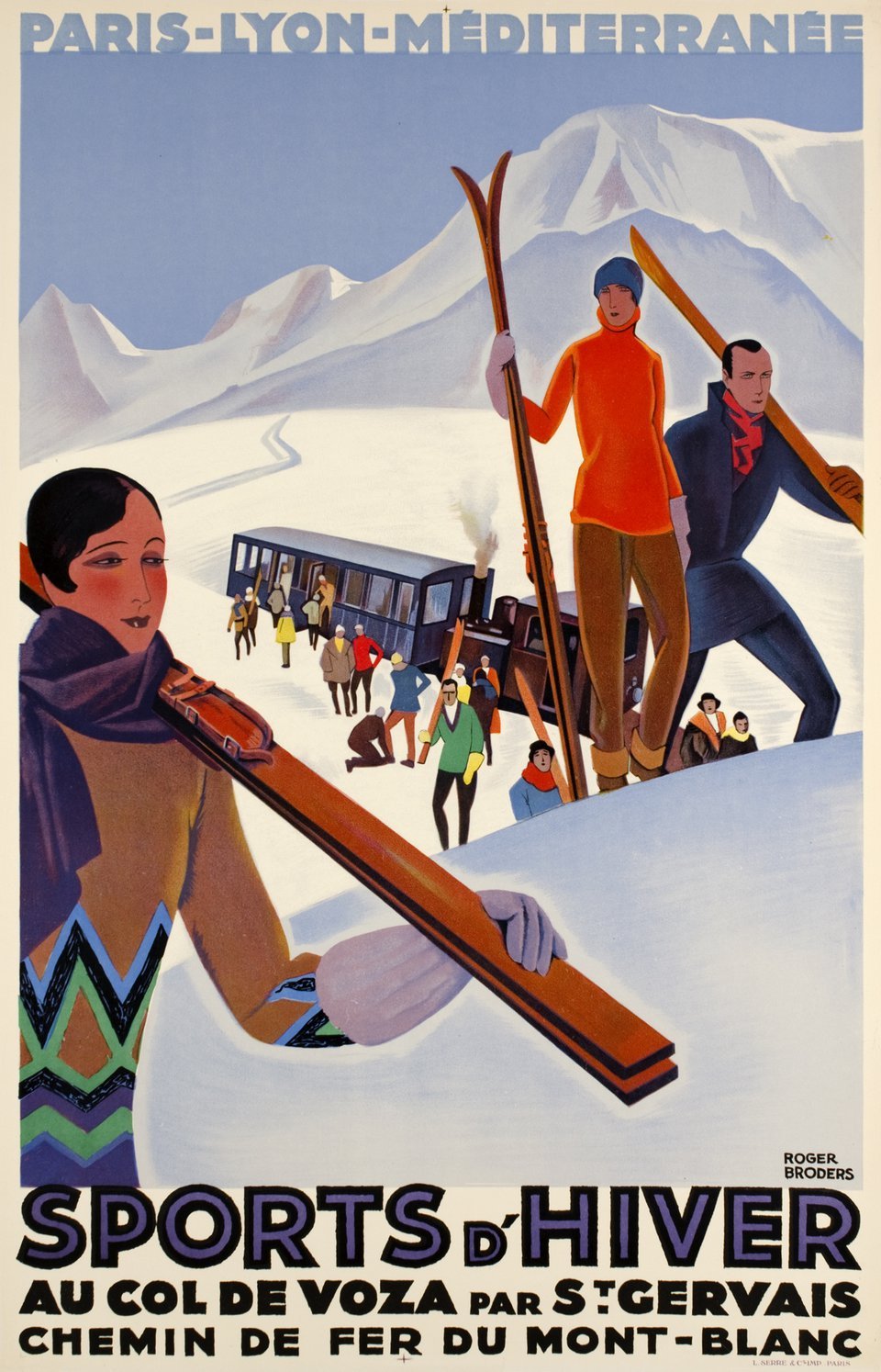 Affiche vintage de la compagnie des chemins de fer PLM faisant la promotion des sports d'hiver dans les Alpes françaises.
