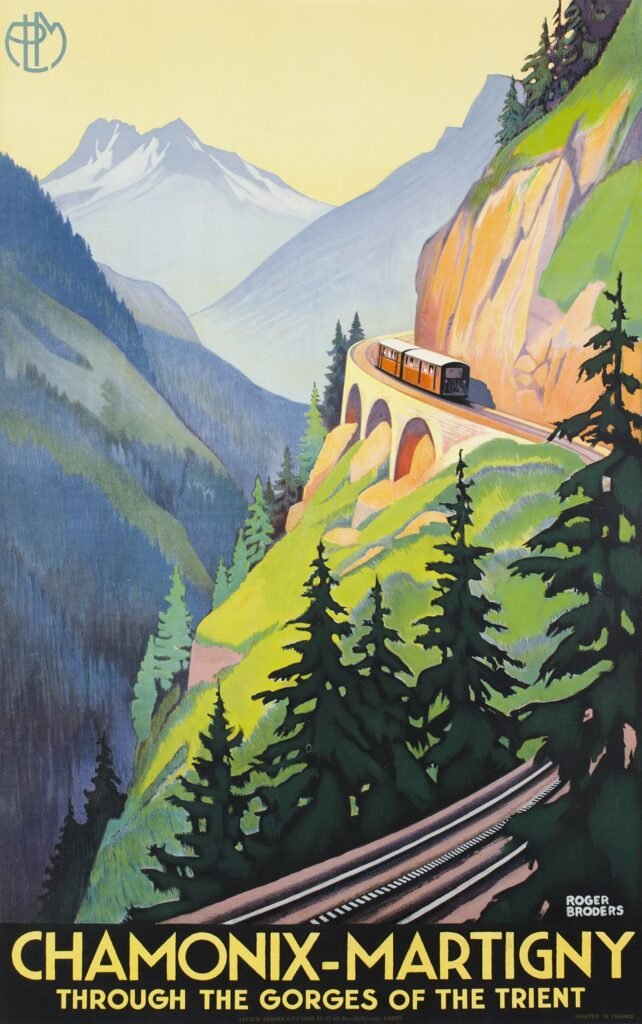 Célèbre affiche rétro illustrée par Roger Broders montrant une femme élégante sur des skis dans la station de Chamonix-Mont-Blanc.