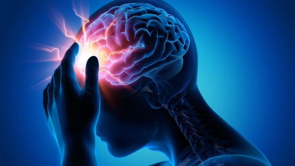 Une représentation anatomique sur fond noir de la boîte crânienne et du cerveau, illustrant la vulnérabilité de l'organe face aux ondes de choc.