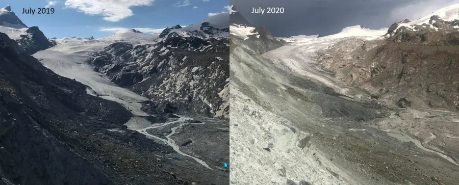 Glacier alpin en fort recul sous l'effet du réchauffement climatique, entraînant effondrements rocheux et interventions de secours techniquement plus complexes.