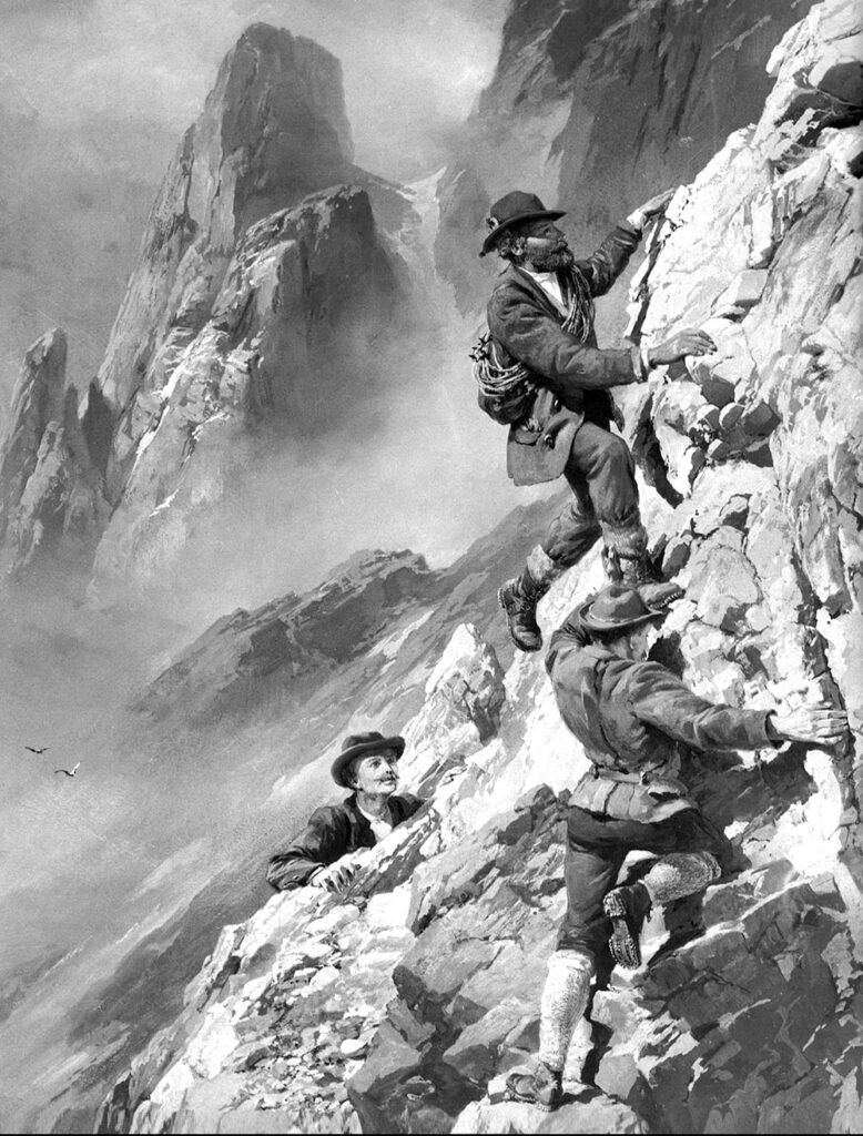Alpiniste d'époque brandissant un vieux piolet en bois au sommet d'une montagne enneigée, symbole de la conquête humaine.