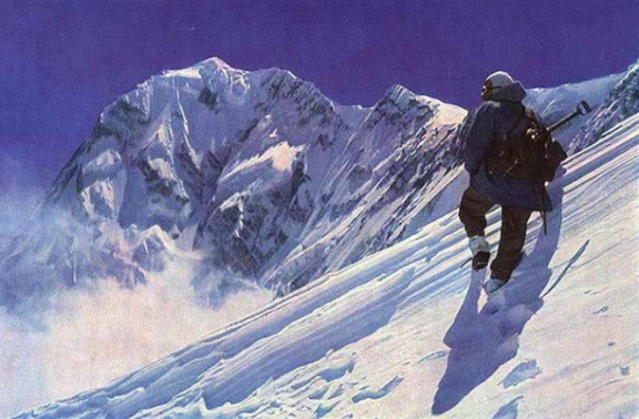 Portrait sépia d'Hermann Buhl, le visage ravagé par l'altitude et le soleil après son incroyable ascension solitaire du Nanga Parbat.