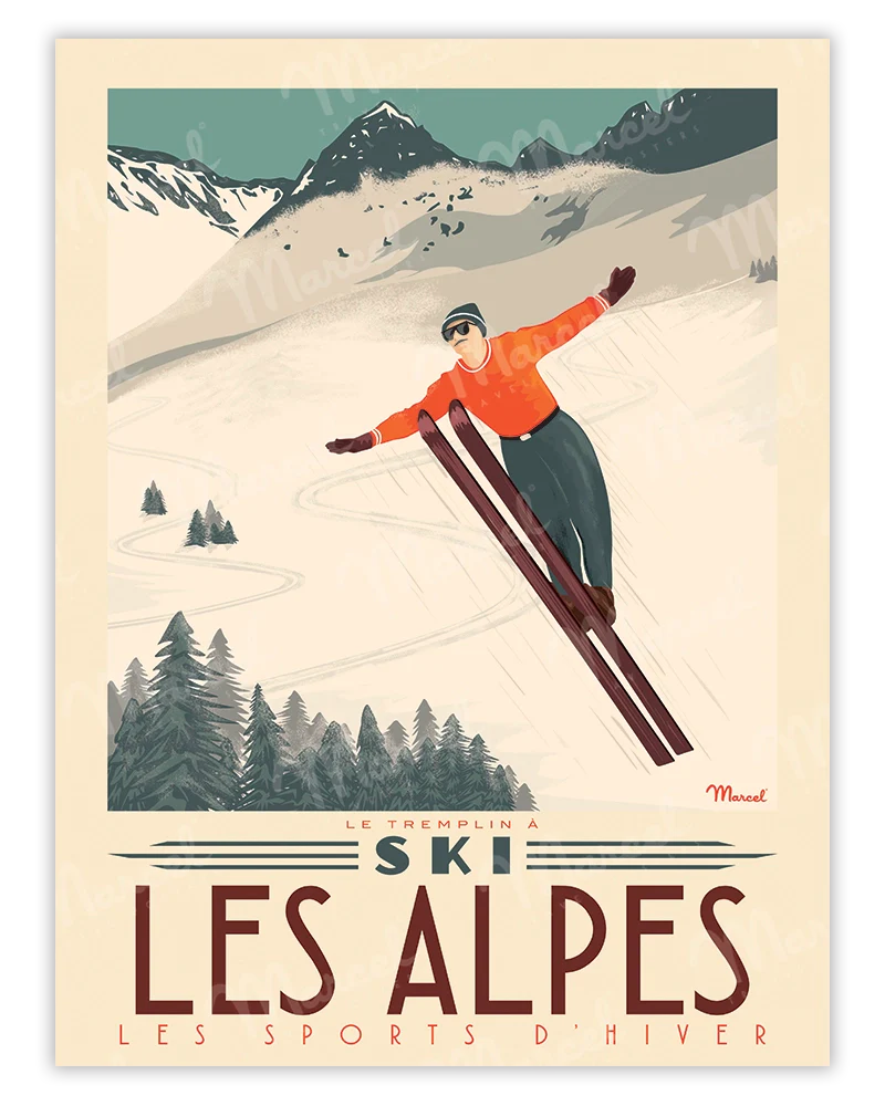 Illustration graphique ancienne avec des couleurs vives et des lignes épurées, typique de l'âge d'or des affiches de tourisme hivernal.