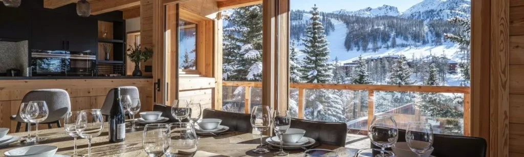 Intérieur rustique et intimiste d'un vrai restaurant d'altitude, avec une décoration traditionnelle en vieux bois et poutres apparentes.