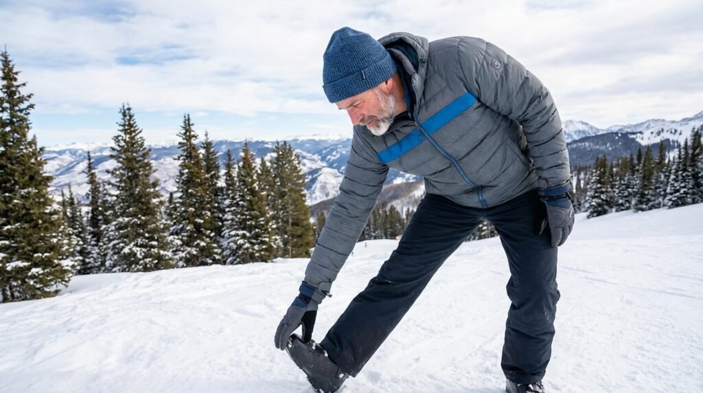 Un skieur en plein effort de flexion sur ses skis, fendant une neige trafolée à l'ombre de grands sapins vert foncé.