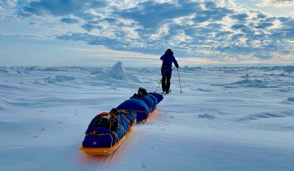 Un skieur de randonnée progressant péniblement sur la banquise, tractant une lourde pulka contenant tout son matériel de survie.
