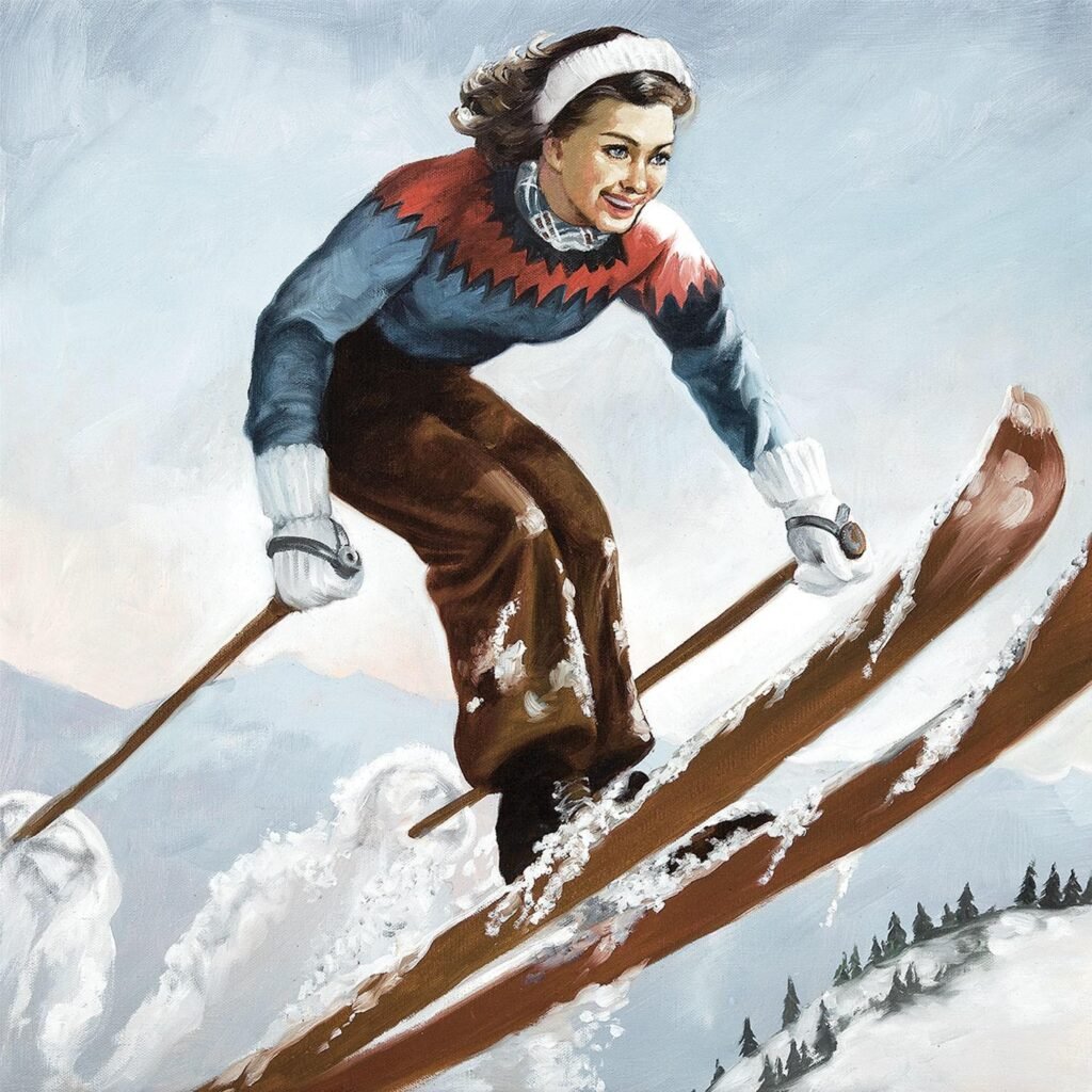 Skieur des années 70 plongeant dans une poudreuse profonde, immortalisant l'esthétique du freeride naissant.