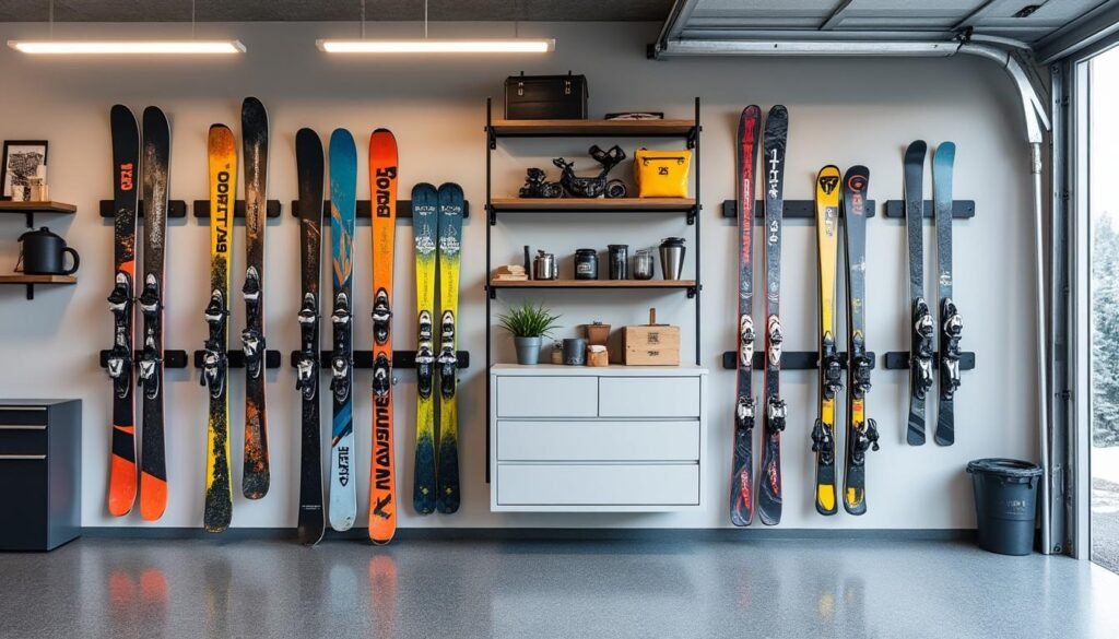 Paire de chaussures de ski rangée proprement dans une housse ventilée sur une étagère de garage pour la période estivale.