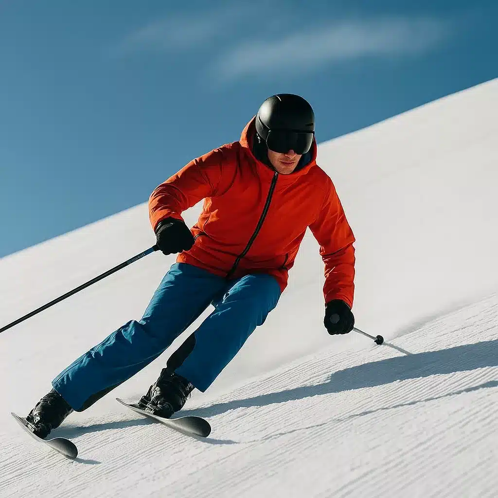 Trace parfaite de carving laissée sur une piste fraîchement damée, démontrant l'efficacité technique des planches modernes.