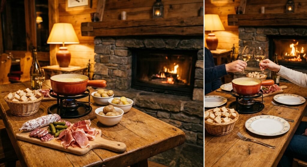 Un plat montagnard traditionnel cuit au feu de bois dans une poêle en fonte, servi dans un restaurant d'altitude chaleureux.