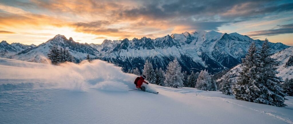 Skieur solitaire dévalant une pente de poudreuse au lever du soleil dans les Alpes françaises, rappelant ce que le ski indoor ne pourra jamais remplacer