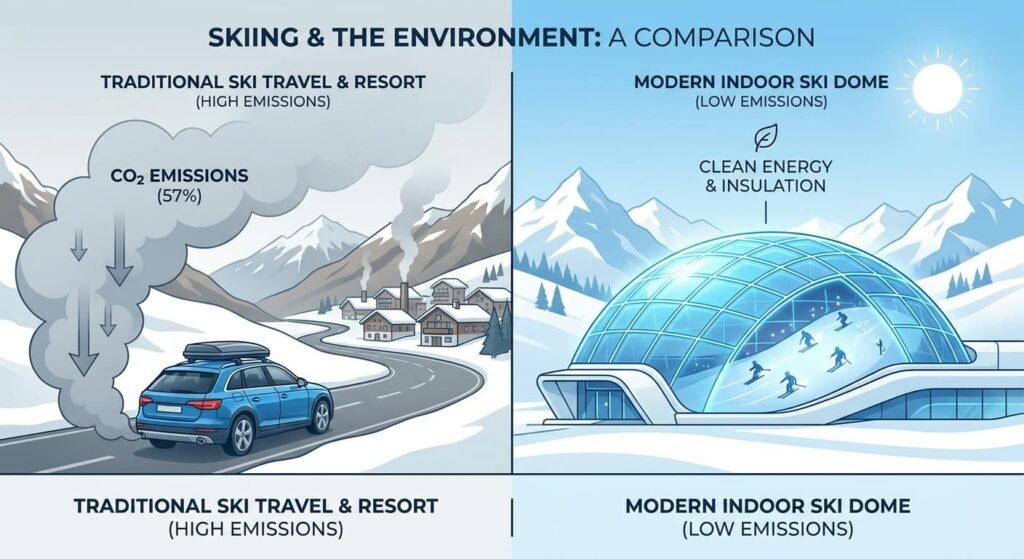 Comparaison du bilan carbone entre une journée de ski en montagne (57% d'émissions liées au transport) et une session de ski indoor accessible en transports en commun