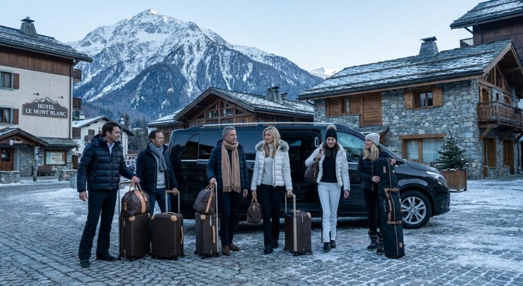 Touristes internationaux aisés arrivant dans une station de ski française haut de gamme — la clientèle non résidente représente désormais 37,4% des nuitées dans les Alpes en 2026