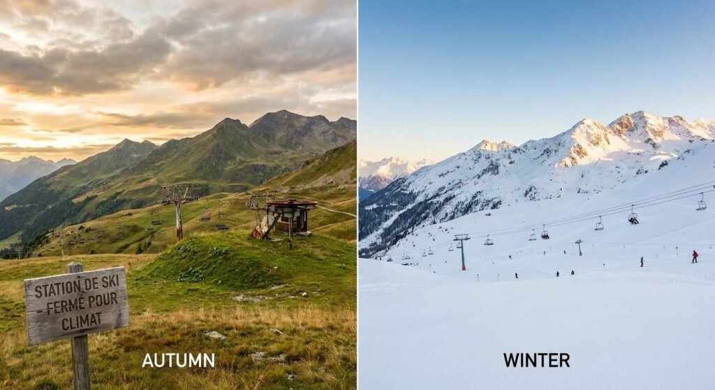 Comparaison d'une piste de ski alpine sans neige en automne et enneigée en hiver, illustrant la menace du réchauffement climatique sur les stations françaises d'ici 2050