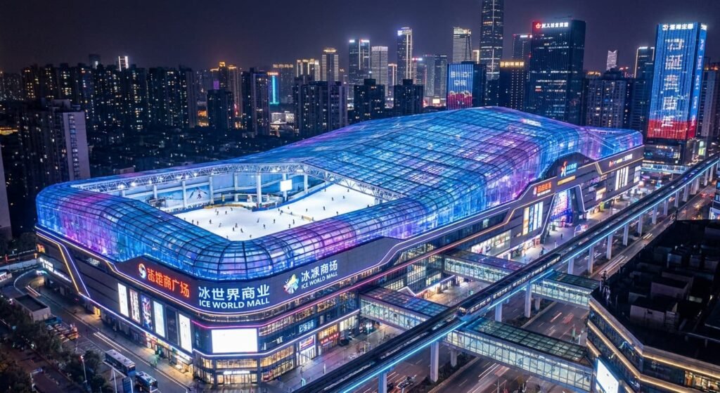 Vue aérienne d'un méga-complexe de ski indoor en Chine intégré à un centre commercial géant, illustrant le boom du ski couvert asiatique