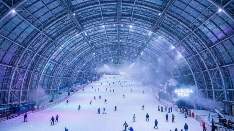 Piste de ski indoor géante sous un dôme illuminé avec de la neige artificielle et des skieurs en descente