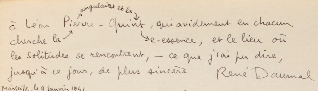 Dédicace manuscrite de René Daumal à Léon-Pierre Quint, 1941
