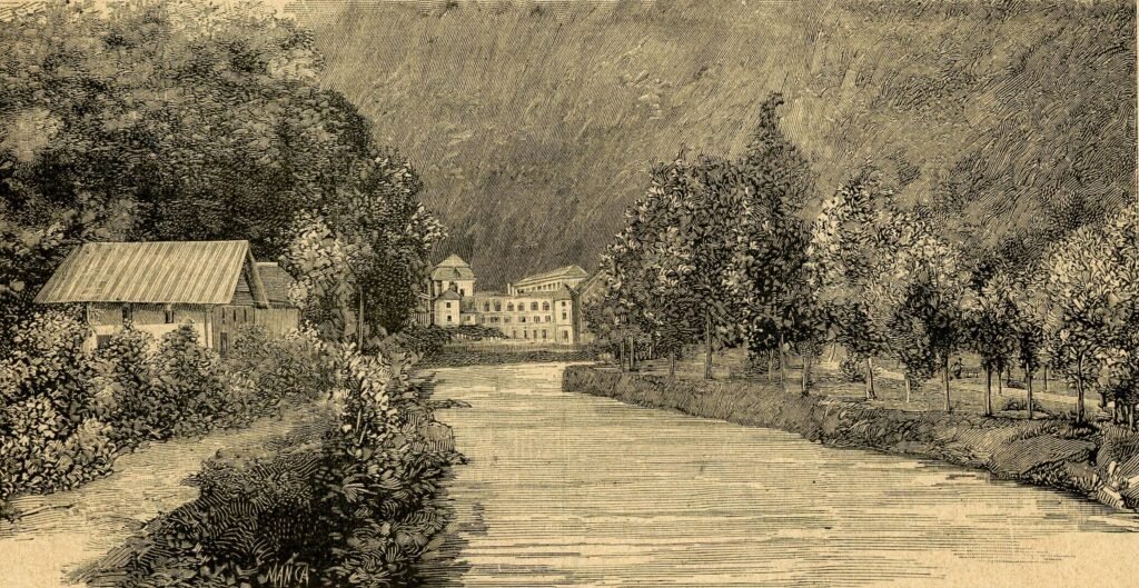 Gravure de l'établissement thermal de Saint-Gervais avant la catastrophe de 1892