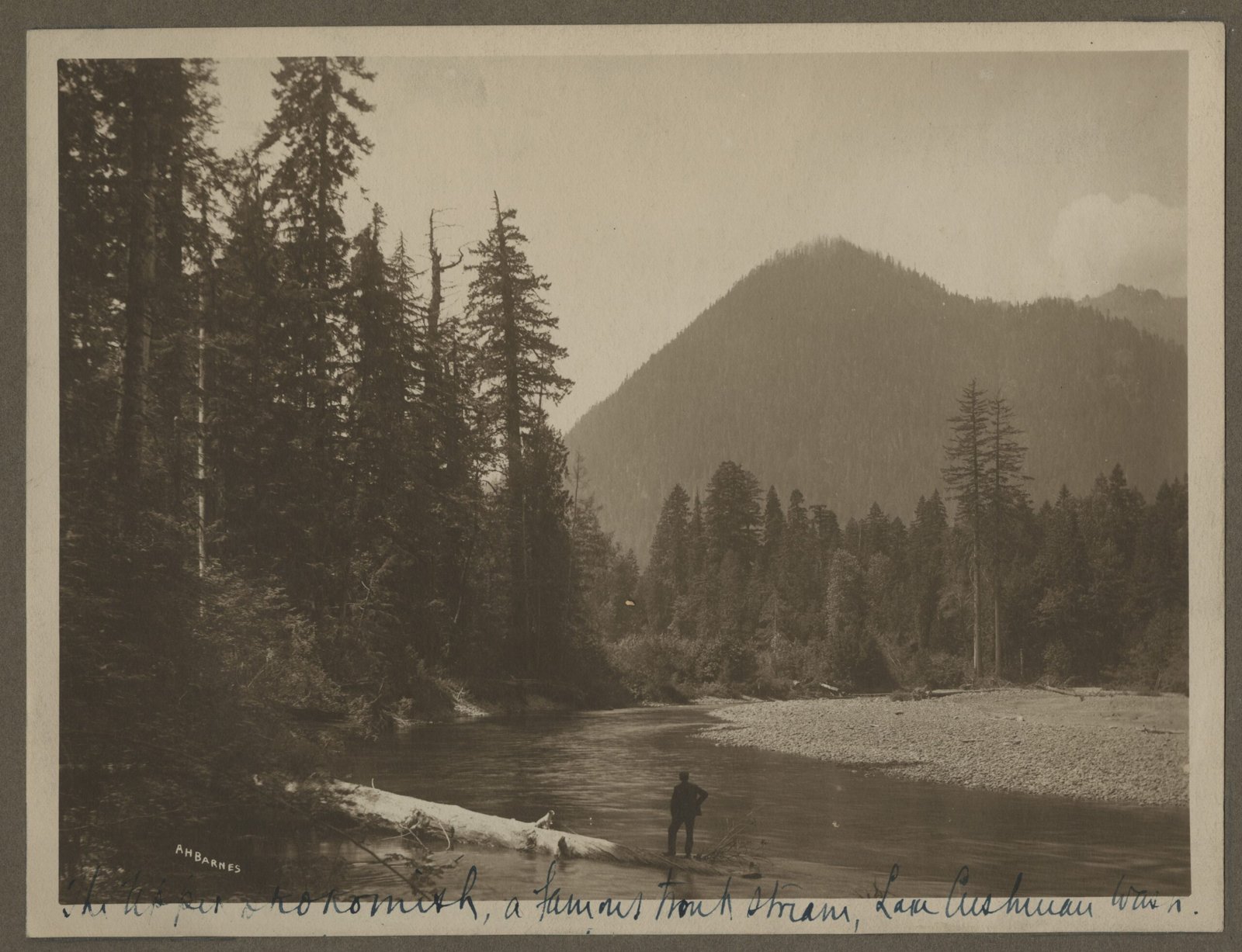 Homme pêchant dans la rivière Skokomish vers 1910